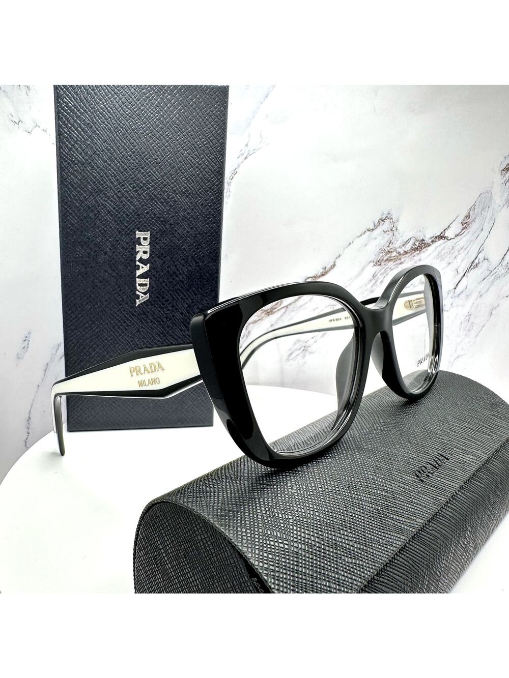 New PRADA Eyeglasses Cat Eye Black White Gold 53-17-140 Womens